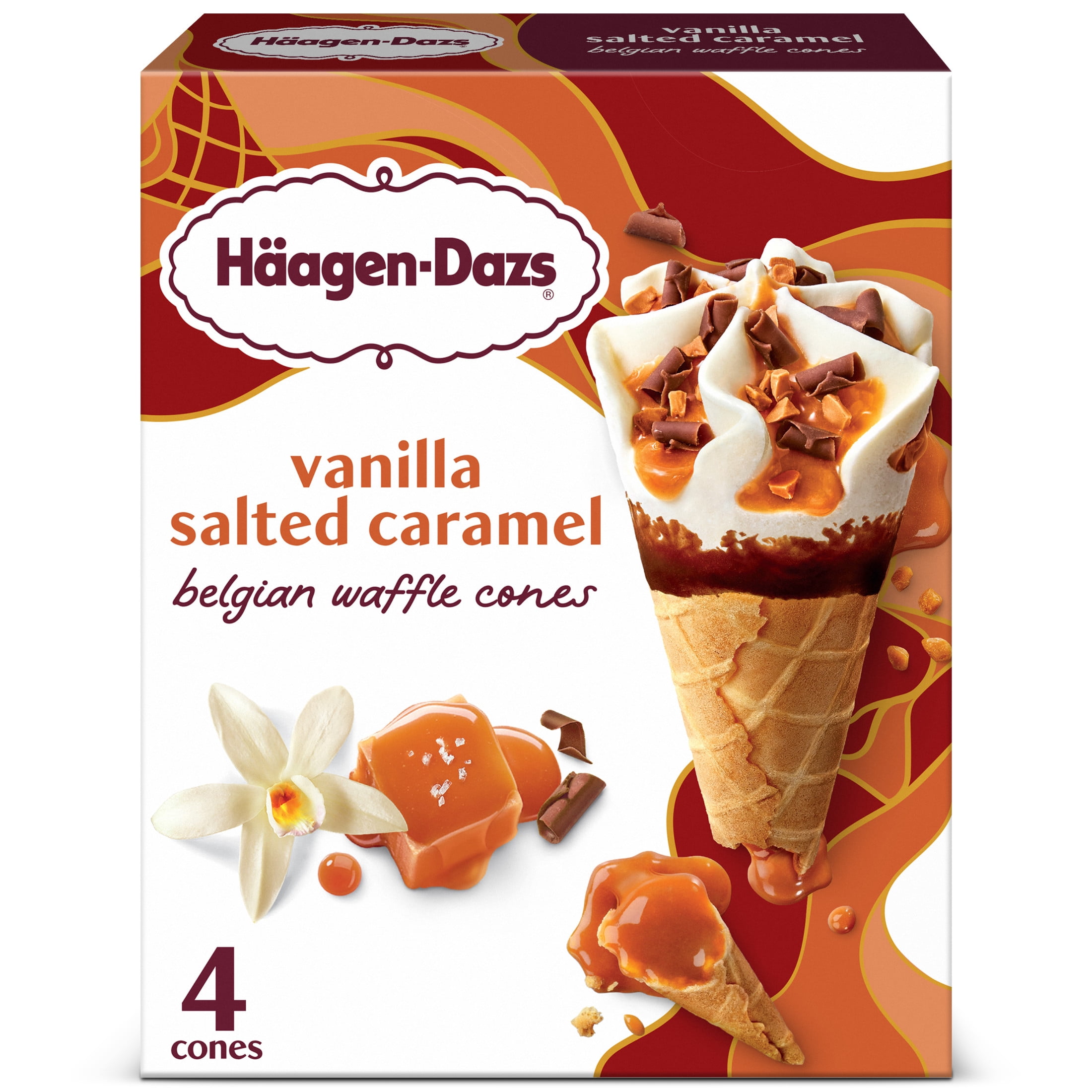 Haagen Dazs Vanilla Salted Caramel Belgian Waffle Ice Cream Cone, 4 Count