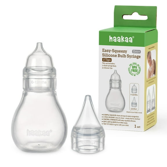 Haakaa Easy-Squeezy Silicone Bulb Syringe, Adjustable Suction Nasal Aspirator with 2 Tips, 100% Food-Grade Silicone, BPA & PVC Free, for Newborns and Infants