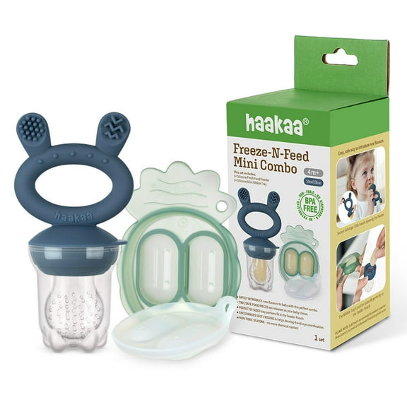 Haakaa Freeze-N-Feed Mini Combo with Silicone Food Feeder & Silicone Mini Nibble Tray|Baby Solid Food Self Feeder|Breastmilk Popsicle Mold Storage & Feeder for Soothing Baby Gums 1 PK (Steel Blue)
