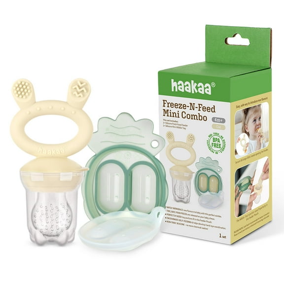Haakaa Freeze-N-Feed Mini Combo with Silicone Food Feeder & Silicone Mini Nibble Tray|Baby Solid Food Self Feeder|Breastmilk Popsicle Mold Storage & Feeder for Soothing Baby Gums 1 PK (Oat)