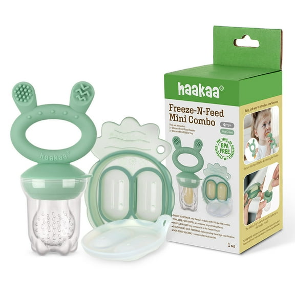 Haakaa Freeze-N-Feed Mini Combo with Silicone Food Feeder & Silicone Mini Nibble Tray|Baby Solid Food Self Feeder|Breastmilk Popsicle Mold Storage & Feeder for Soothing Baby Gums 1 PK (Pea Green)
