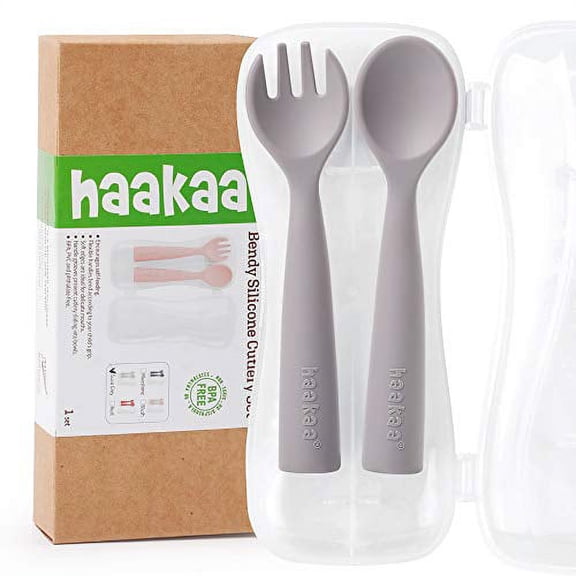 Haakaa Silicone Toddler Utensils Bendy Spoon and Fork with A Handy Storage Case Baby Cutlery Set Made of Food Grade Silicone, SUVA Grey