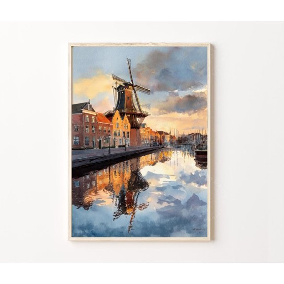 Haarlem Netherlands Dutch Canal Windmill Home Decor Unframed Paper Print