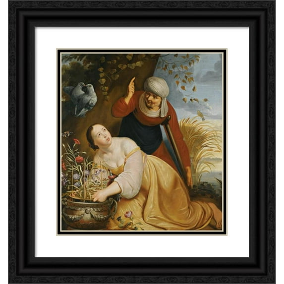 Haarlem School 12x13 Black Ornate Wood Framed Double Matted Museum Art Print Titled: Vertumnus and Pomona (17th Century)