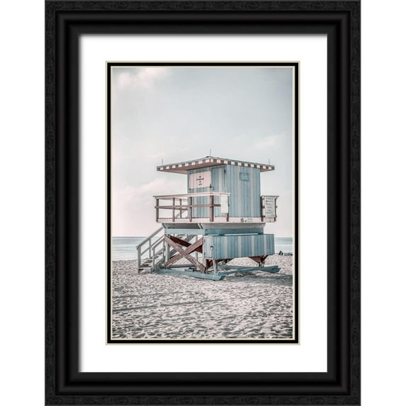 Haase, Andrea 11x14 Black Ornate Wood Framed with Double Matting Museum Art Print Titled - Miam Blue Beach Lifeguard Tower