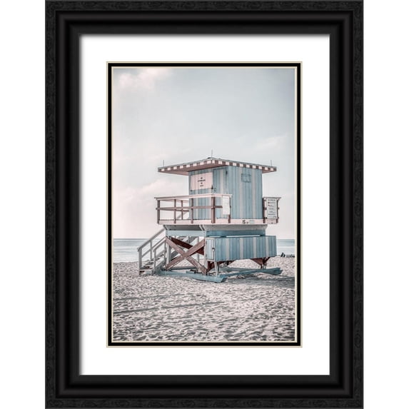 Haase, Andrea 17x24 Black Ornate Wood Framed with Double Matting Museum Art Print Titled - Miam Blue Beach Lifeguard Tower