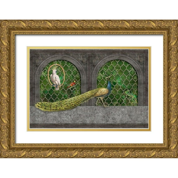 Haase, Andrea 32x23 Gold Ornate Wood Framed with Double Matting Museum Art Print Titled - Peacocks Jungle Palace
