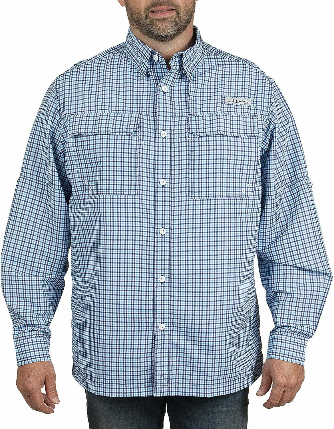 Habit Men's UPF 40 Button Down Long Sleeve Herring Lake River Fishing Shirt  (Lakeside Check Blue, S)
