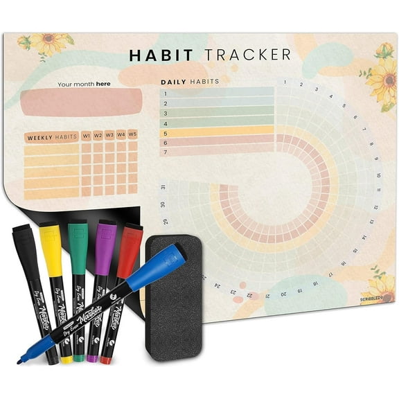 Habit Tracker Journal Workout Motivation Fridge Calendar Dry Erase 13 X 17 Magnet Health Fitness Goal Tracker Goals Board - with Shopping Grocery List - 6 Markers Included