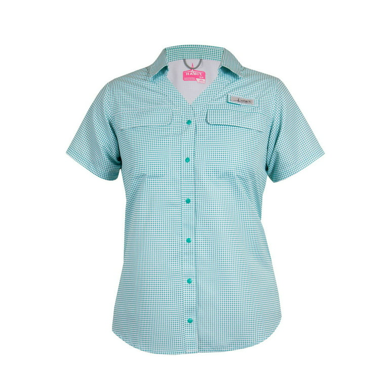 Habit Women's UPF 40+ Pike's Pier Short Sleeve Vented Back Shirt (Turquoise  Check, M)
