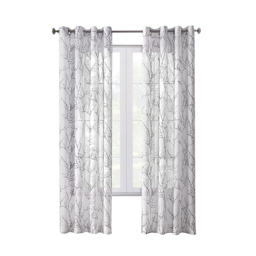 White Polyester Light Filtering Grommet Curtain Panel with Branch Motif