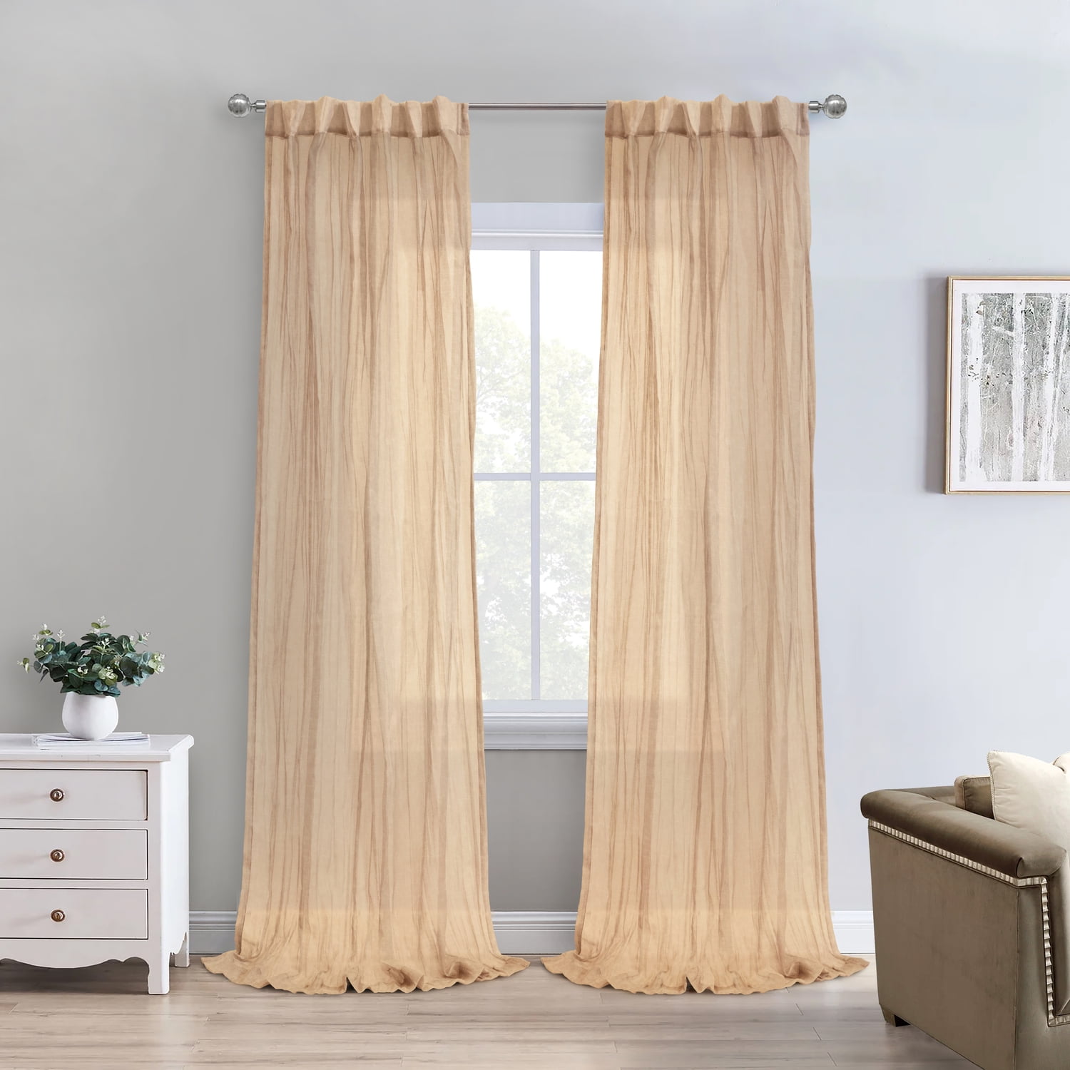 Apricot Sheer Polyester Pleated Rod Pocket Curtain Panel 52" x 95"