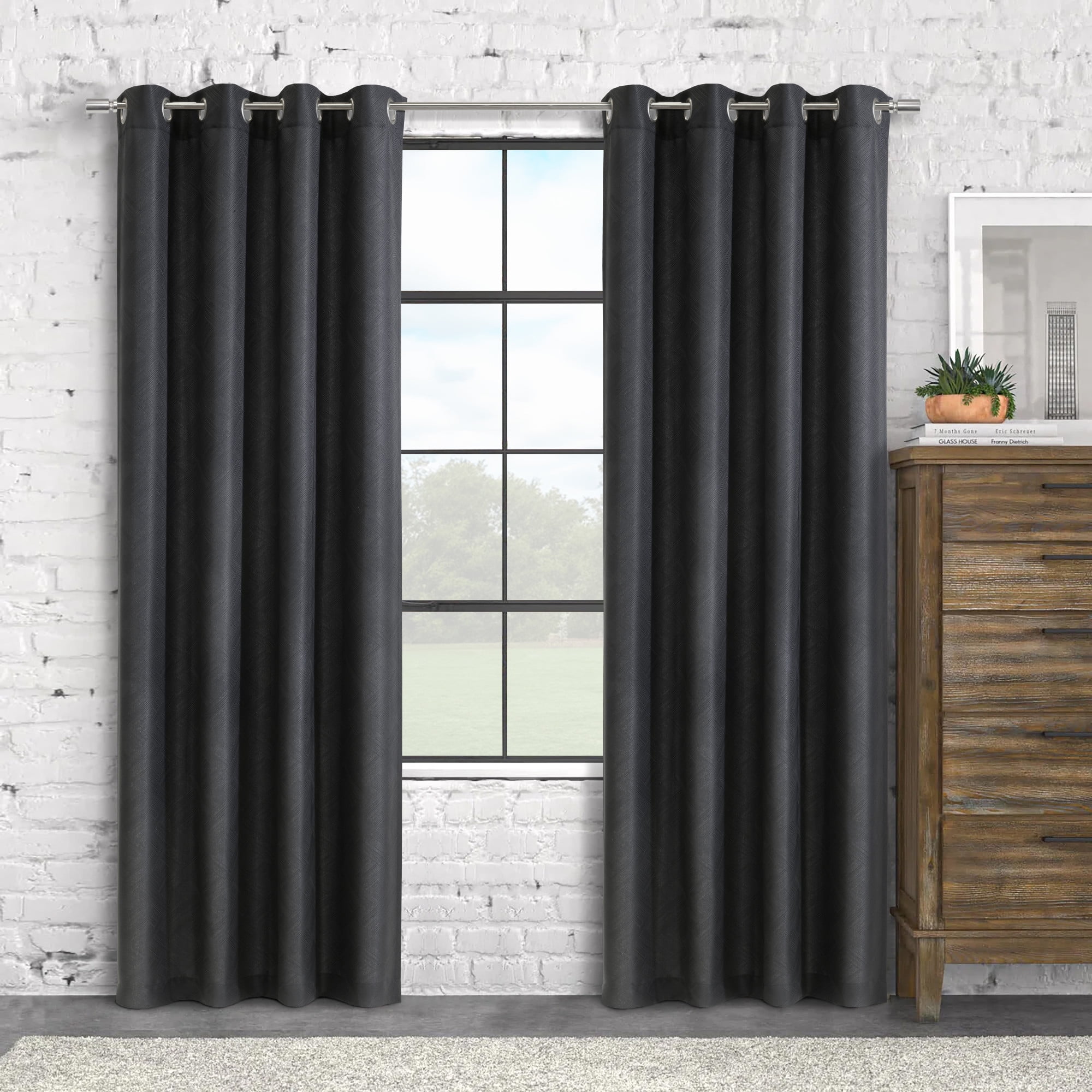 Charcoal Geometric Jacquard Light-Filtering Polyester Grommet Curtain Panel 52" x 84"