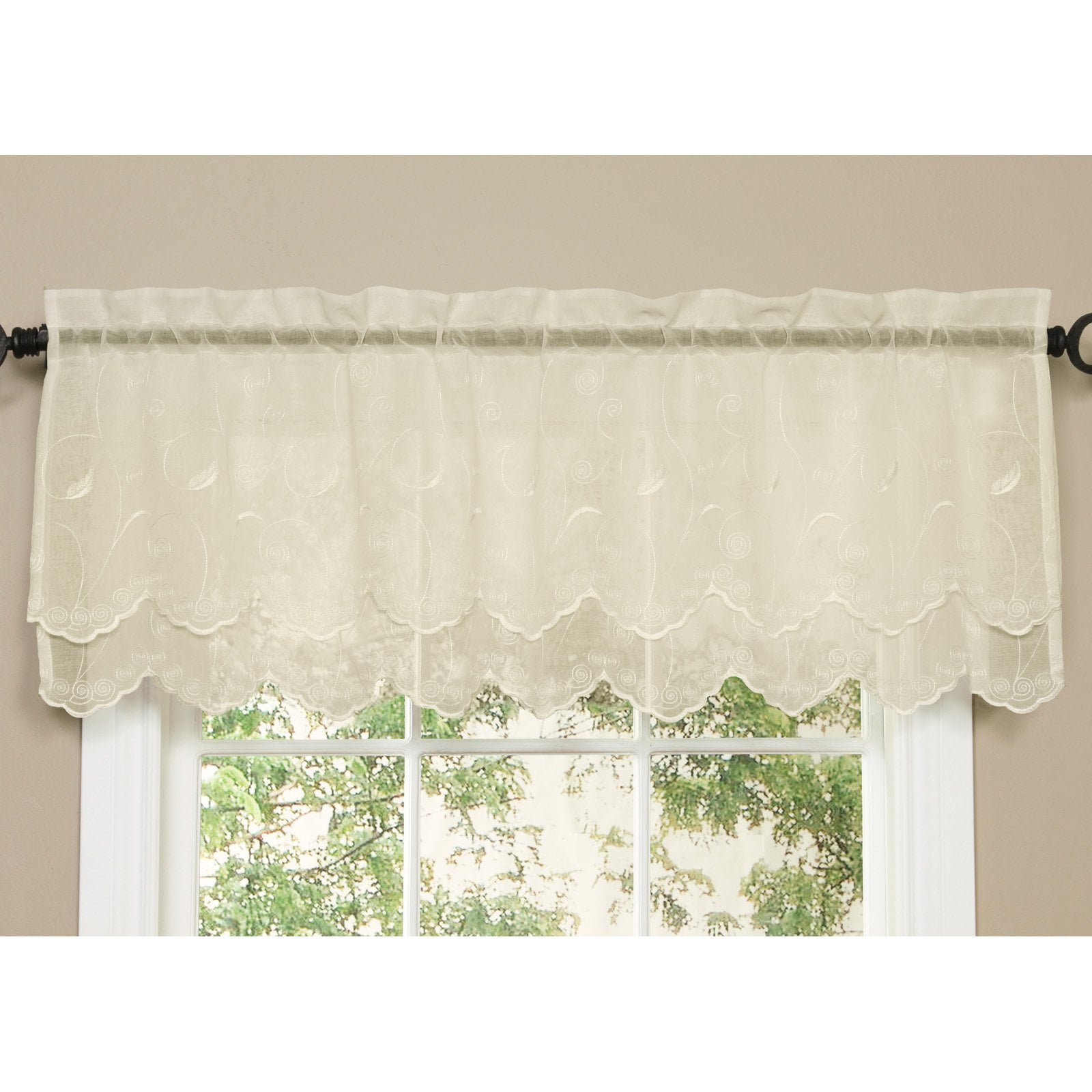 Cream Polyester Double Scalloped Valance with Scroll Motif, 54x17"