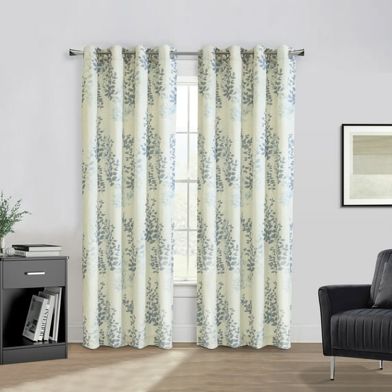 Habitat Lana Light Filtering Grommet Curtain Panel Two Tone Leaf Branches Bouquet Faux Linen Fabric Designed 50" x 108" Blue