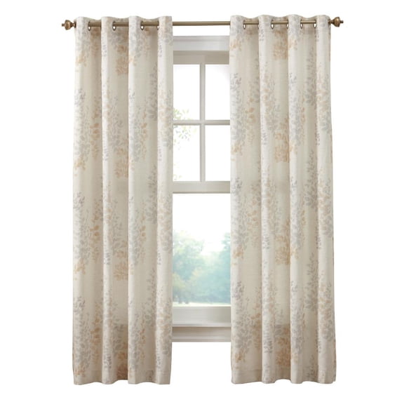 Habitat Lana Light Filtering Grommet Curtain Panel Two Tone Leaf Branches Bouquet Faux Linen Fabric Designed 50" x 95" Ivory