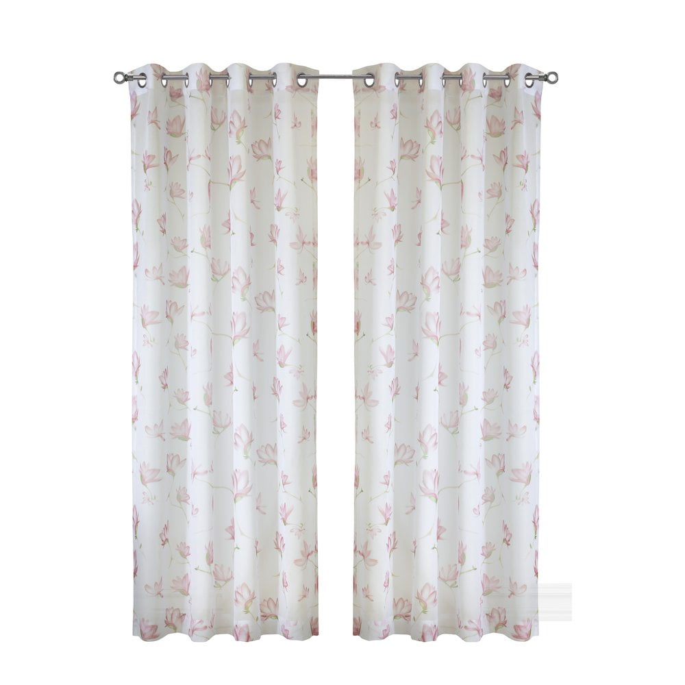 Magnolia White and Pink Sheer Linen-Like Grommet Curtain Panel