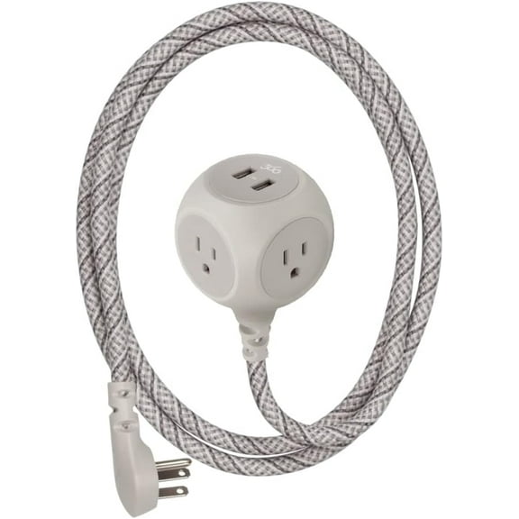 360 Electrical 6ft 3-Outlet Habitat Premium Extension Cord w/2 USB, French Gray