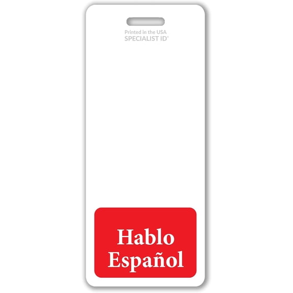 Hablo Español Badge Buddy - Vertical Bilingual ID Backer for Spanish Speaking Staff - Heavy Duty Double Sided Language Identifier - Oversized Badge Backer for Retail, Hospital & Warehouse (Red)