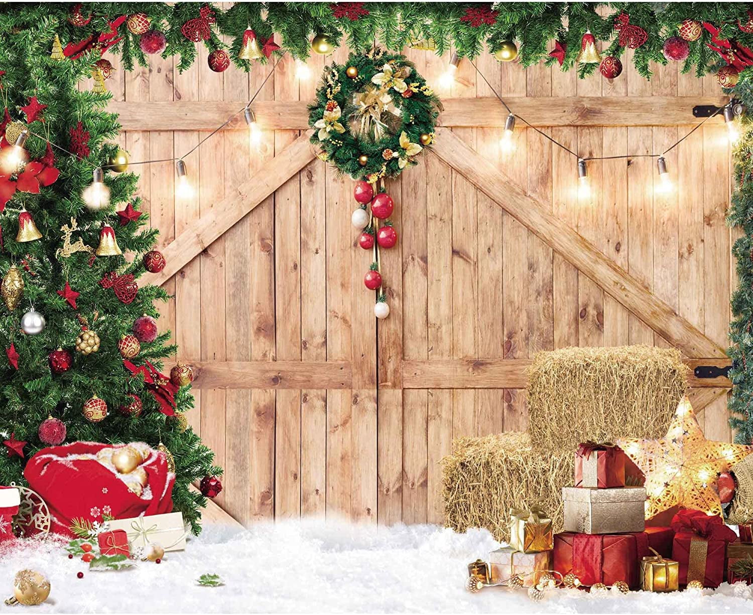 Christmas greenery and decorations against a rustic wood backdrop