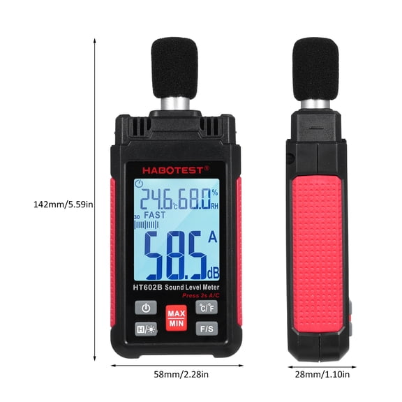 Habotest HT602B Portable Decibel Meter Digital Sound Pressure Level SPL Monitor 30-130dB Range Auto Power Off with Ambient Temperature Humidity Dew Point Measuring LCD Screen Backlight Red/Black