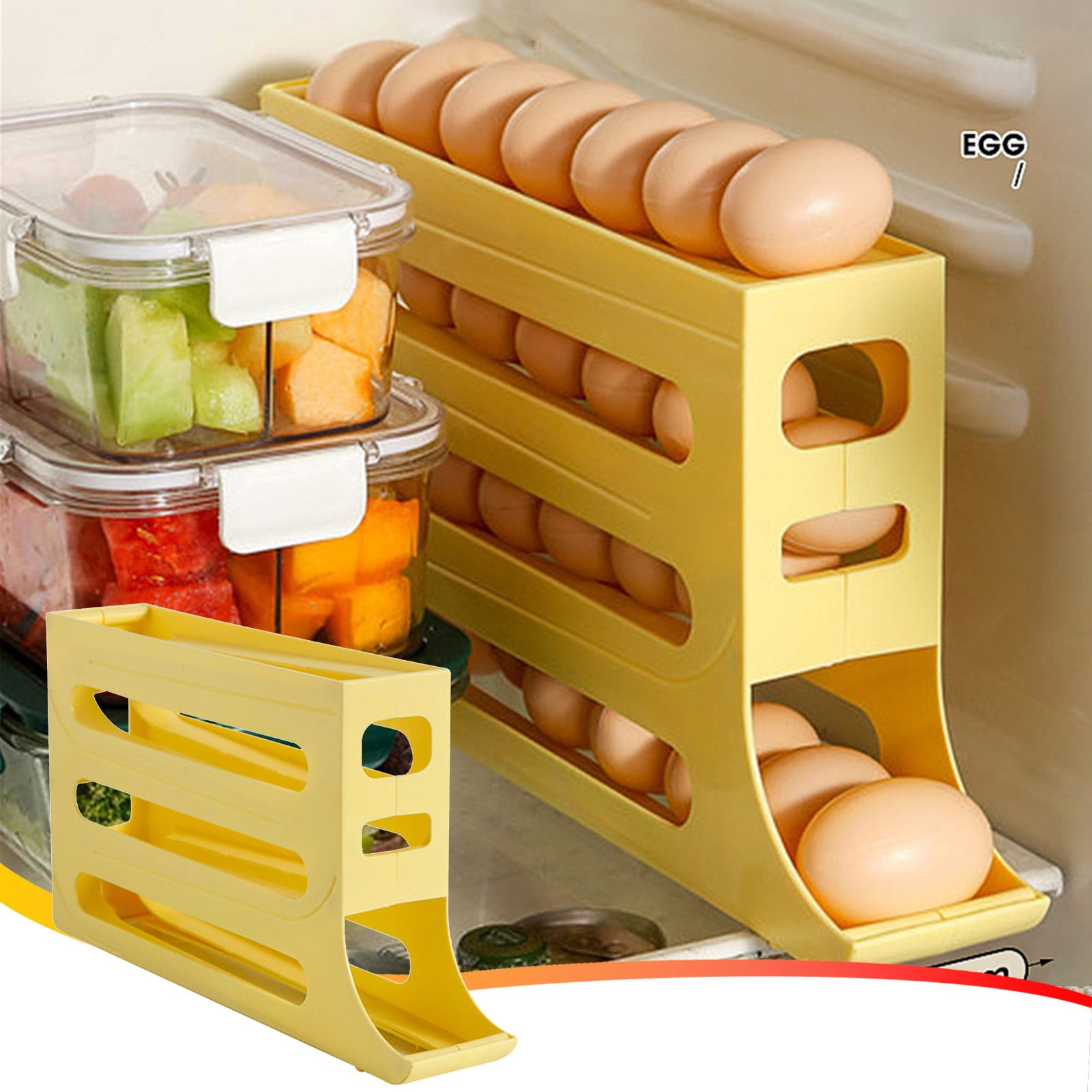 Hachum 4 Tiers Eggs For Fridge Auto Rolling Fridge Eggs Organizer Space