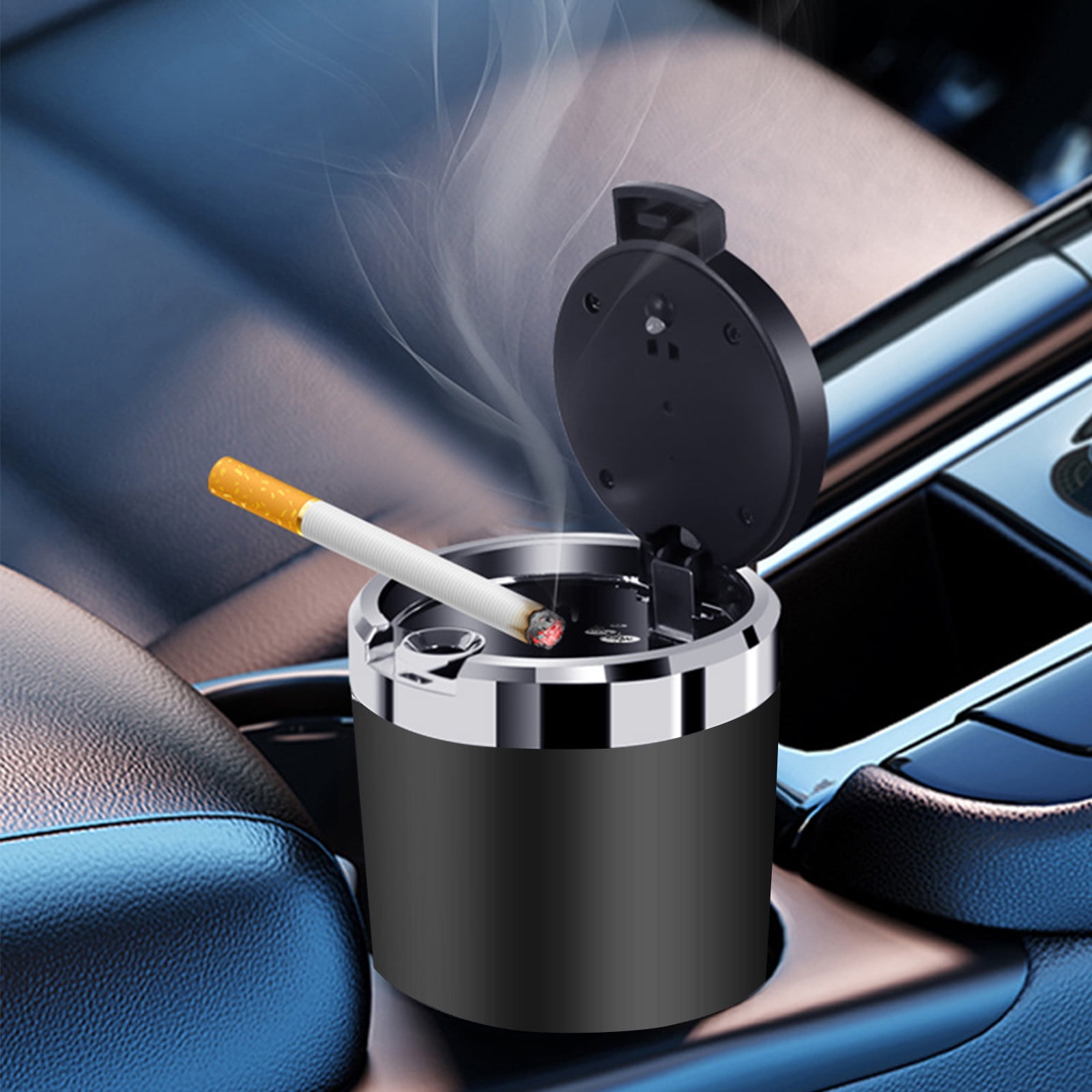 2024 New Car Ashtray With Lid Easy To Clean Portable Ashtray For Car Mini Car Trash Can Detachable Stainless Steel Ash Tray With Led Blue Light