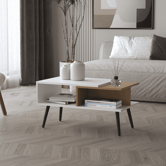 Modern Coffee Table with Open Storage & Conical Legs (White + Natural Oak) for Living Room