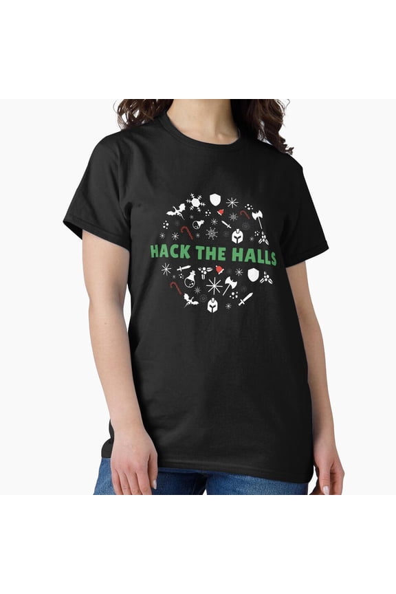 Hack the Halls Retro Tech Holiday Humor Fun Winter Graphic Unisex T-Shirt up to size 5XL