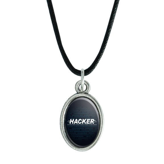 Hacker Binary Code Geek Nerd Antiqued Oval Charm Pendant with Black Satin Cord