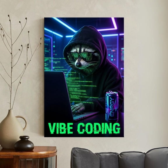 Hacker Raccoon Print Cyberpunk Animal Wall Art Programmer Neon Gamer Decoration, Unframed Paper Poster 11x14in