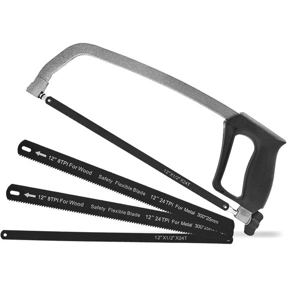 Hacksaw for Metal, Adjustable Hack Saw Frame Set with 4 12'' Blades (2 Bi-Metal 8TPI/24TPI + 2 HSS 24TPI), Hack Saws, Metal Hacksaw for Cutting Wood, PVC Mini Hacksaw for Metal Cutting