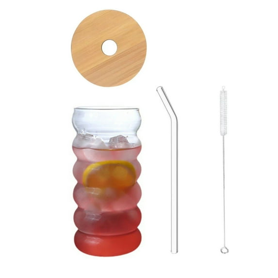 Hadanceo 300ML/450ML Drinking Glasses,High Temperature Resistant Glass with Lids Straws Brush Wave Design,Water Cups for Beer Iced Coffee Multi-purpose Glass for Home Bar