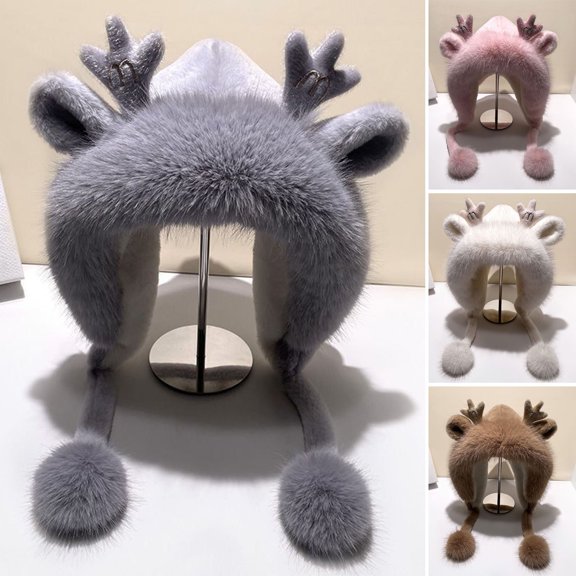 Hadanceo Cute Furry Trim Antler Ears Decor Women Winter Hat Thickened Plush Warm Ear Woolen Hat Fashion Accessories Grey