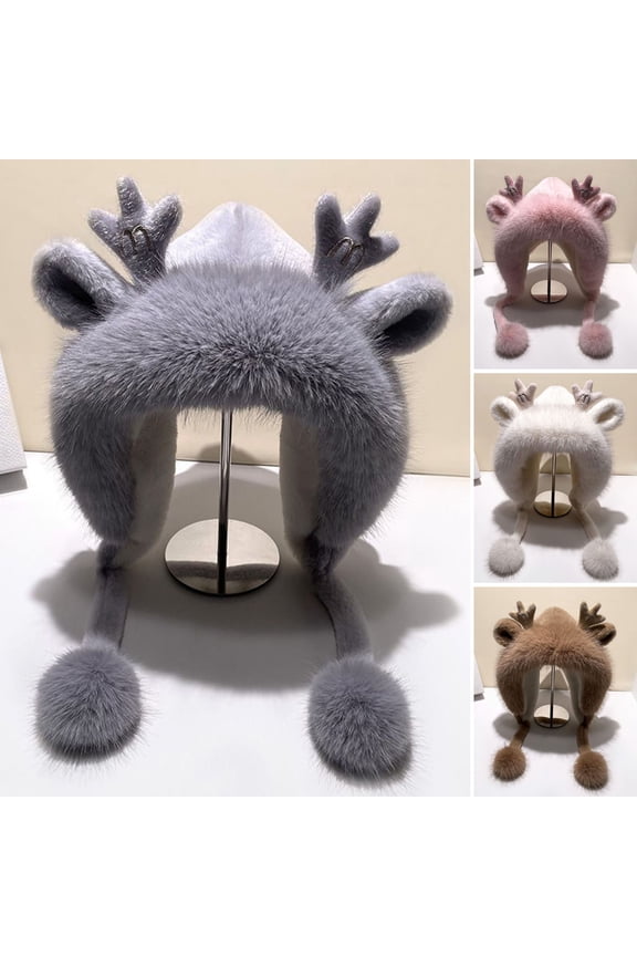 Cute Furry Trim Antler Ears Decor Women Winter Hat Thickened Plush Warm Ear Woolen Hat Fashion Accessories Grey