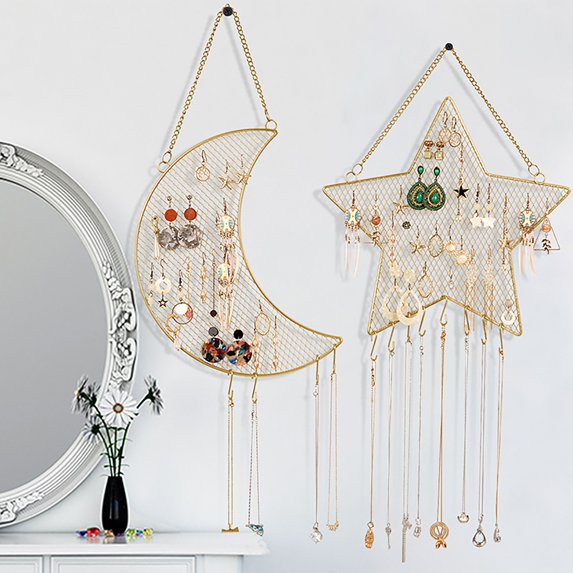 Hadanceo Jewelry Hanger Exquisite Moon Star Shaped Wrought Iron Grid Earrings Organizer Ornamental Great for Bathroom