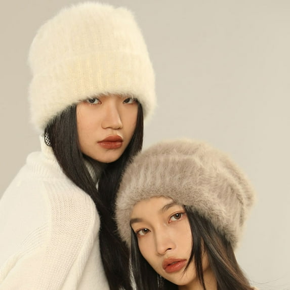 Hadanceo Ladies Hat Soft Plush Knitted High Elastic Solid Color Trendy Women Winter Warm Fashionable Piled Hat