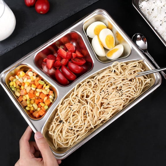 Hadanceo Thickened Stainless Steel Dinner Plate with Lid Dishwasher Safe Large Capacity Dinnerware 2/3/4/5/6 Grids Round Rectangle Serving Tray for School