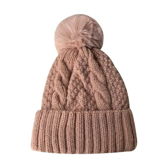 Hadanceo Women Fall Winter Hat Thickened Knitted Soft Elastic Warm Anti slip Ear Plush Ball Decor Twisted Pattern Outdoor Cap