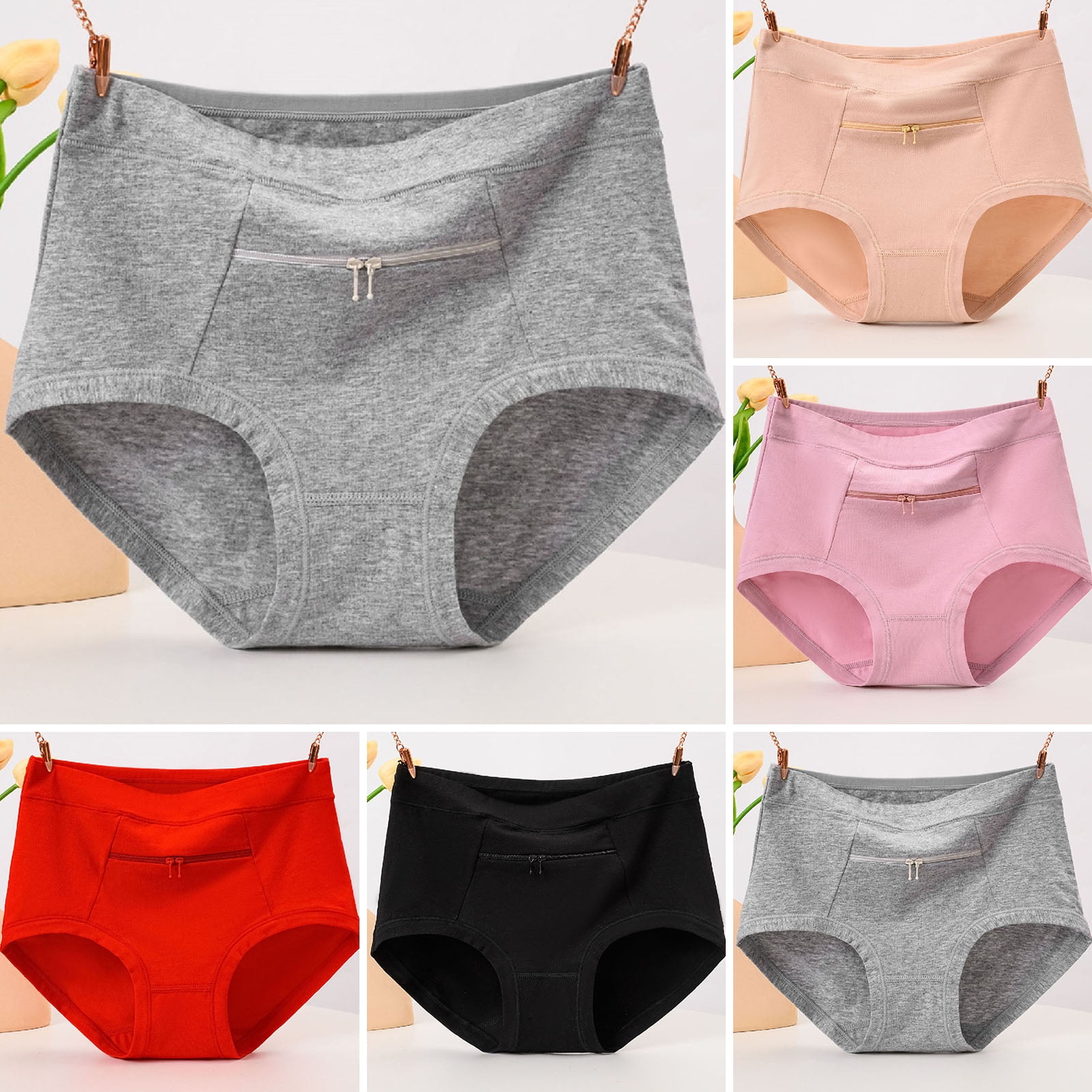 Hadanceo Women Underwear Antitheft Zipper Pocket High Waist Seamless Stretch Breathable Cotton