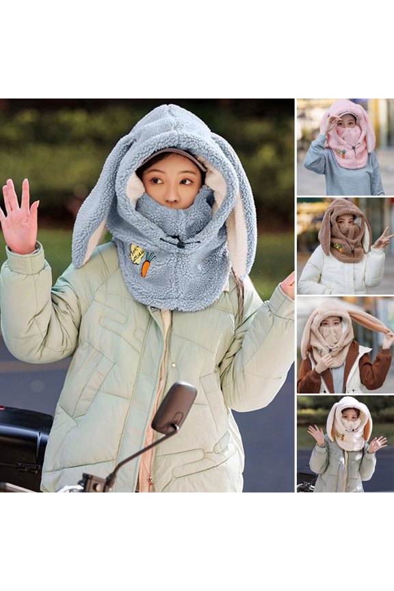 Women Winter Hat Full Long Rabbit Ear Thick Plush Adjustable Drawstring Windproof Warm Scarf Combo Cycling Skiing Cap
