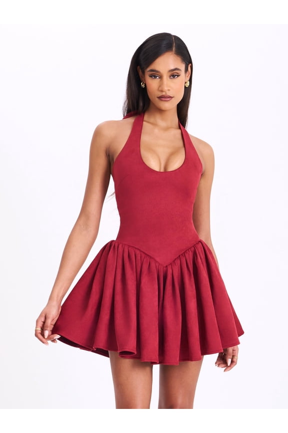 Women's Hadara Burgundy Suede Halter Mini Full Dress