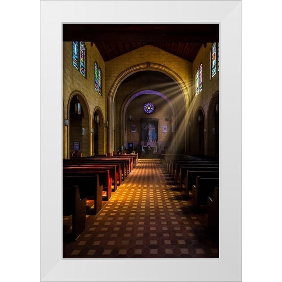 Haddad, Sheila 13x18 White Modern Wood Framed Museum Art Print Titled - Golden light of sunrays coming into the stained glass windows of St Leos Abbey in Florida