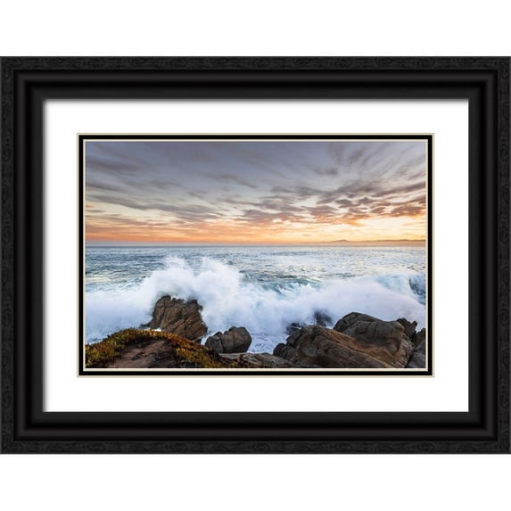 Haddad, Sheila 32x23 Black Ornate Wood Framed with Double Matting Museum Art Print Titled - Crashing winter waves on the rocks of Lovers Point in Pacific Grove-Monterey Peninsula-California