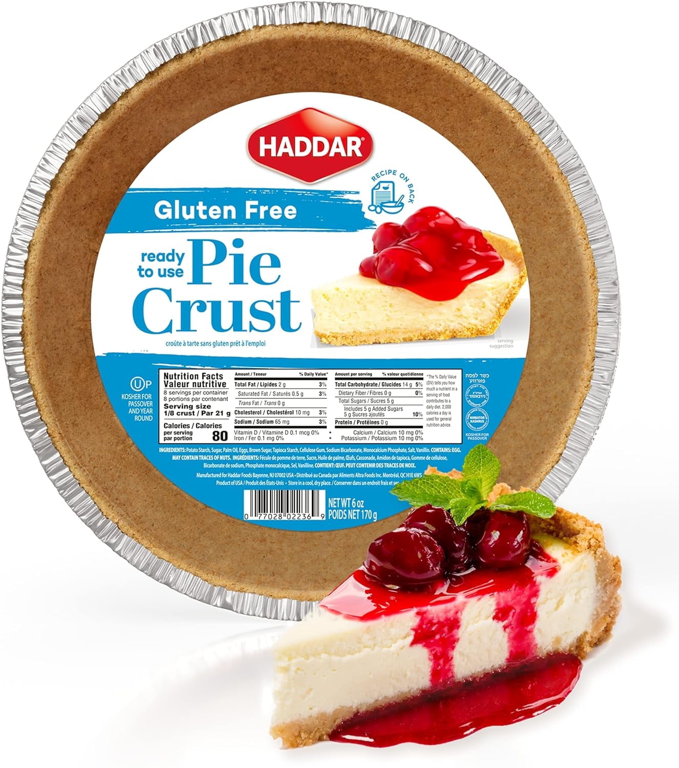 Haddar Gluten Free Graham Cracker Pie Crust 6oz | Six Inch, No Bake, Ready To Use, Kosher For Passover