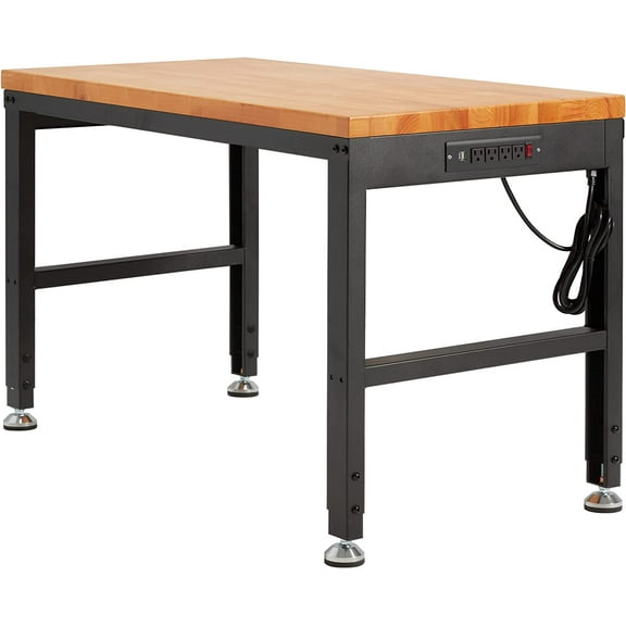 Haddockway Adjustable Workbench for Garage,48"x 24" Rubber Wood Top Worktable with Power Outlets, Max 2000 Lbs Load Capacity Heavy Duty Workstation for Workshop Office Home (Black Frame, 48in)