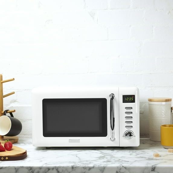 Haden 0.7 Cu Ft Compact Countertop Microwave, 700 Watts, Ivory Chrome
