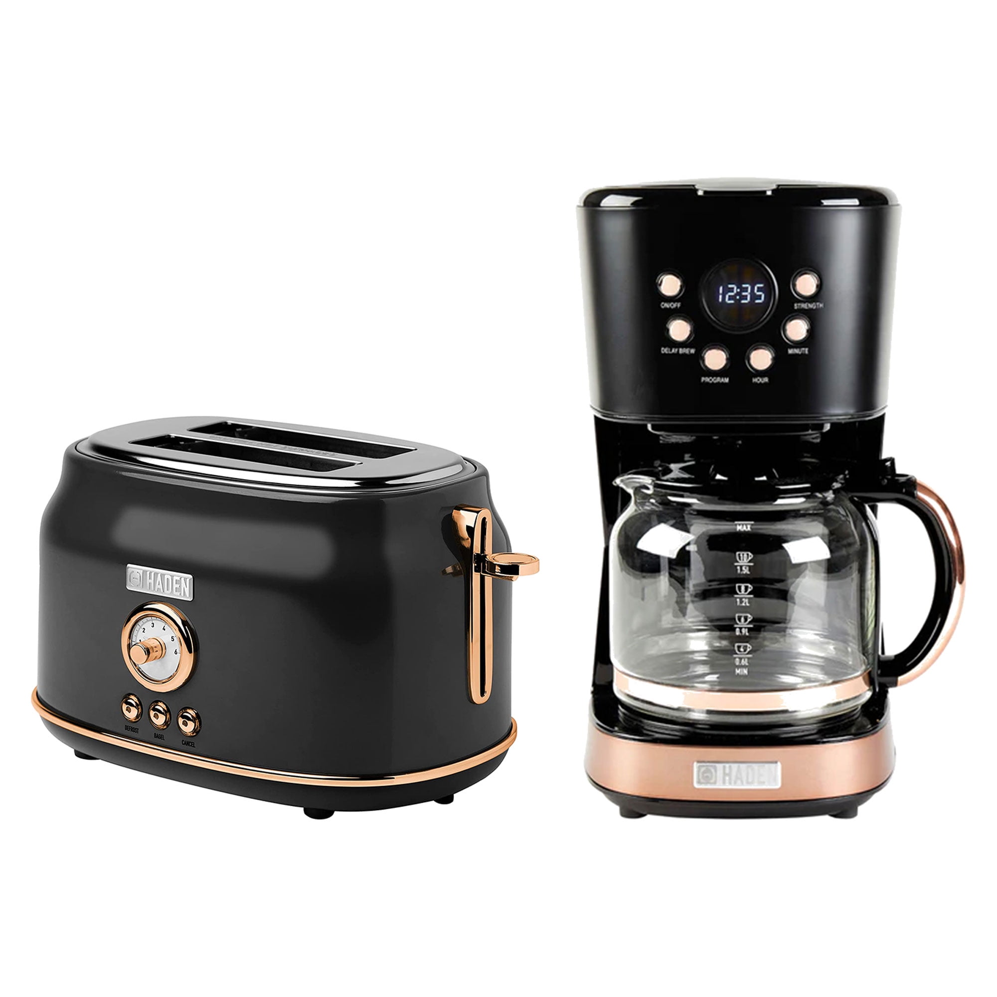 Haden Dorset 2 Slice Wide Slot Toaster & Coffee Maker, Black & Copper