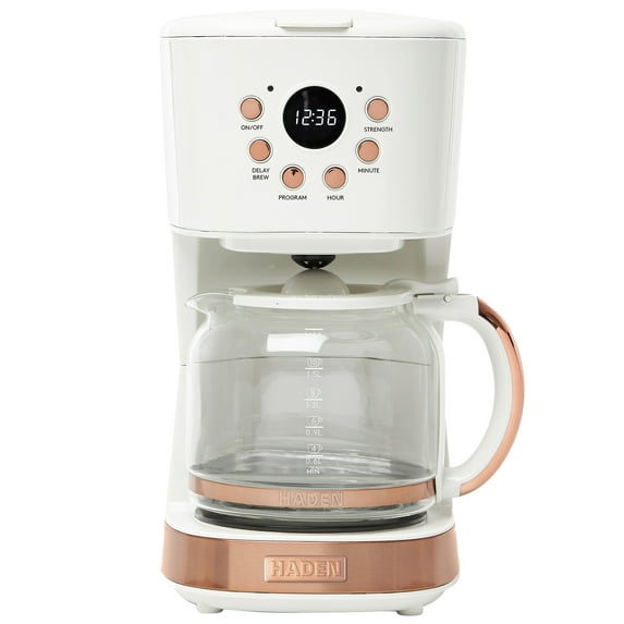 Haden Coffee Machine, 12 Cup Programmable Coffee Maker, Ivory & Copper