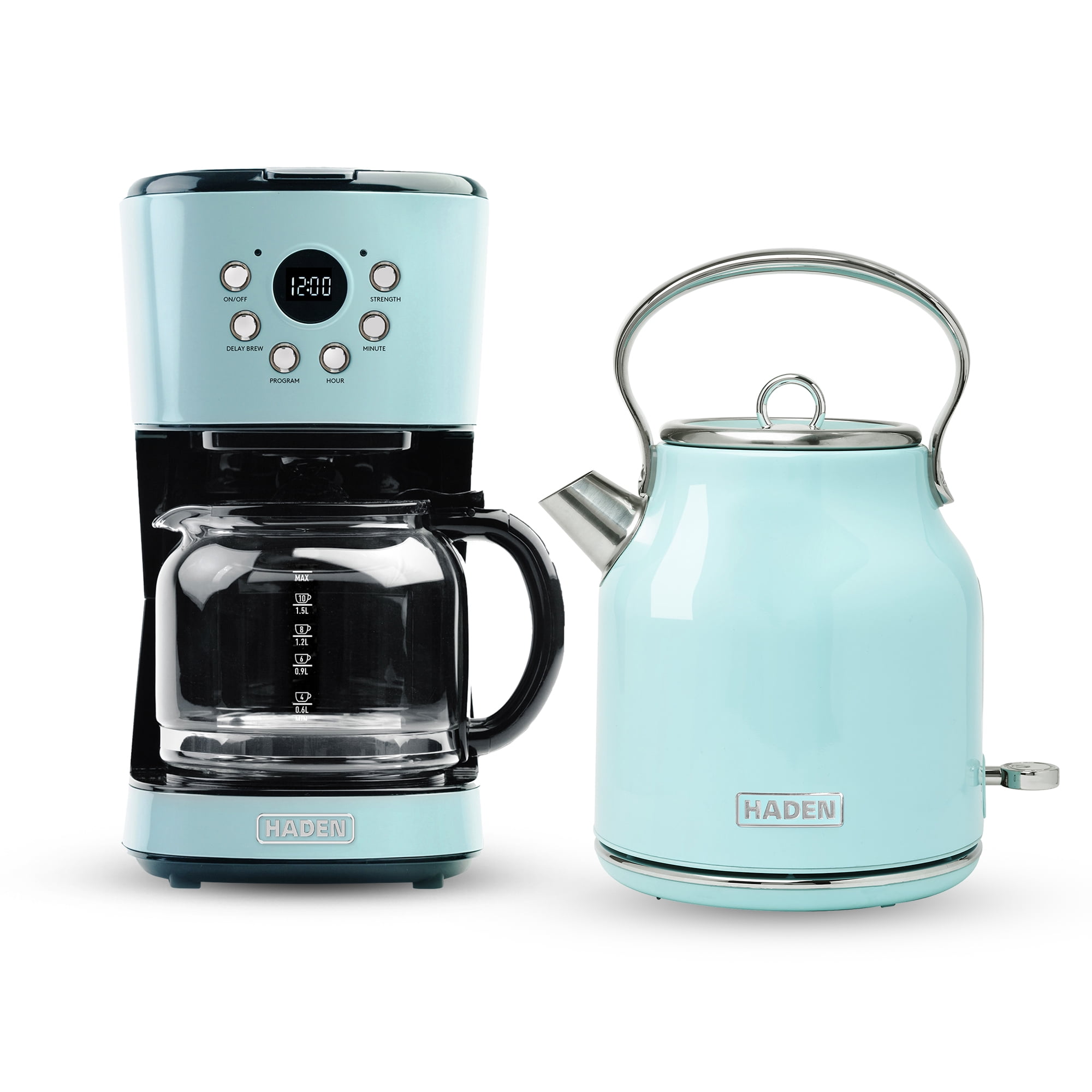 Haden Coffee Maker & Heritage 1.7L Electric Kettle, Turquoise & Chrome